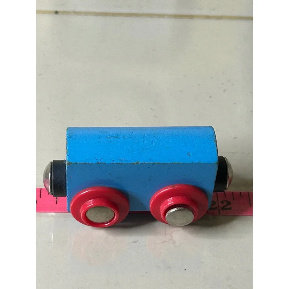 Blue Wooden Toy Train Car with Red Wheels Magnetic Connectors for Track Sets